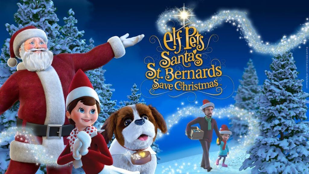 Animated image of father christmas, elf on the shelf and a st bernard puppy in the snow